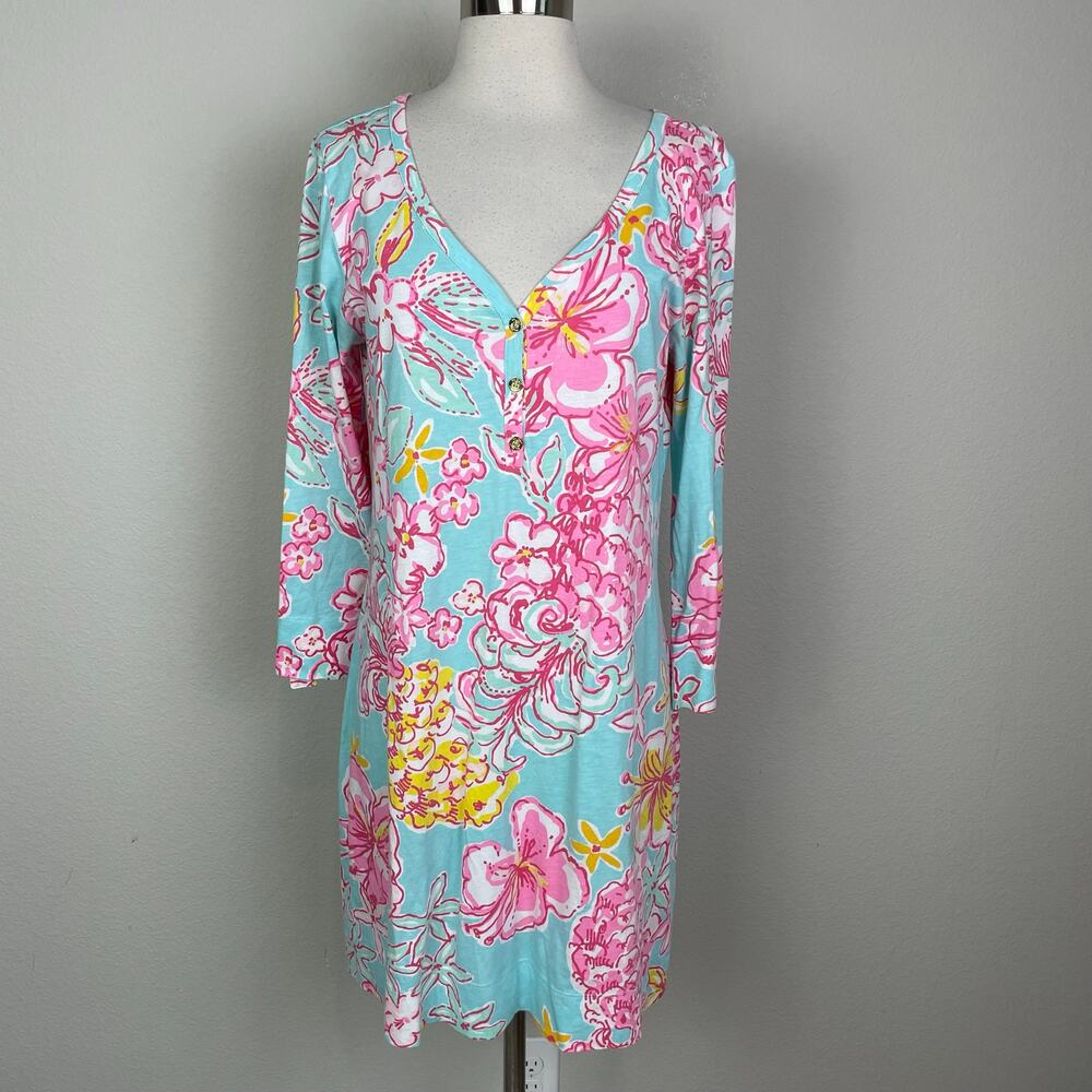 Lilly Pulitzer Blue Pink Floral Long Sleeve Knit Dress Style 20759 Large - Picture 2 of 8